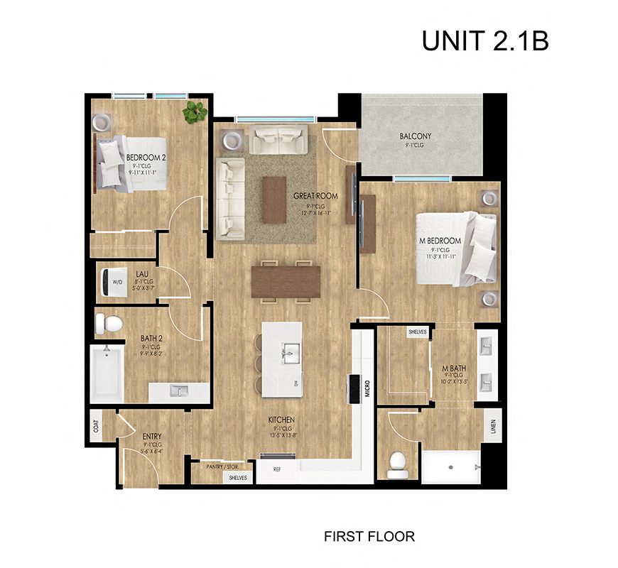 Floor plan for 2 beds, 2 baths, 1067 sqft
